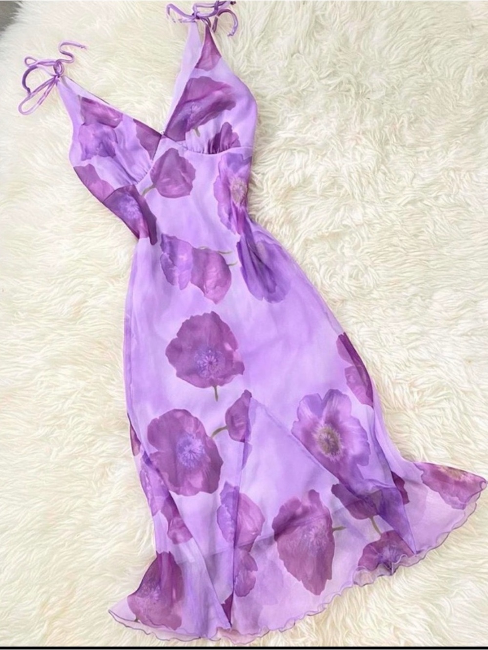 90s Vintage Purple Floral Maxi Dress with Tie Straps